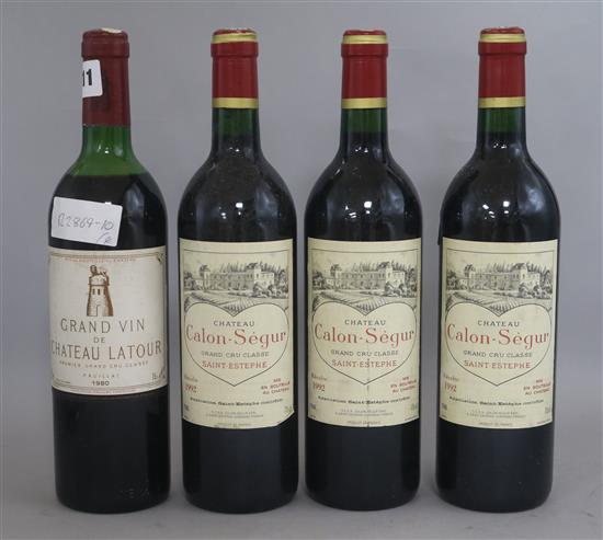 Three bottles of Chateau Calon-Segur, 1992 and one bottle of Chateau Latour, 1980.